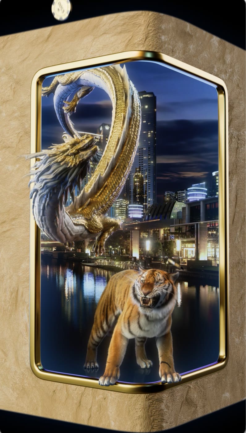 A golden dragon coils out of a gold-framed portal above a snarling tiger, with a city riverfront lit up at night behind them