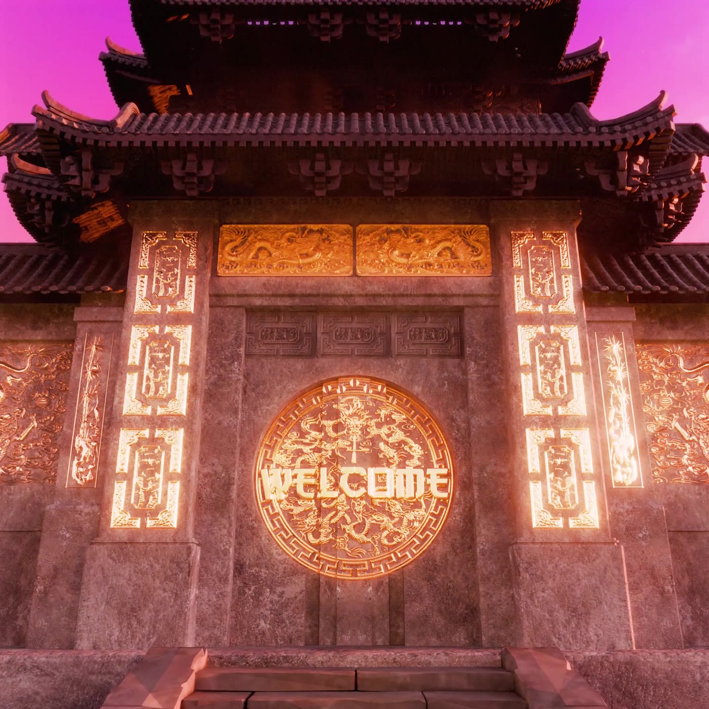 A carved stone temple gate glowing with gold dragon reliefs and the word Welcome in a round seal, under a pink sky