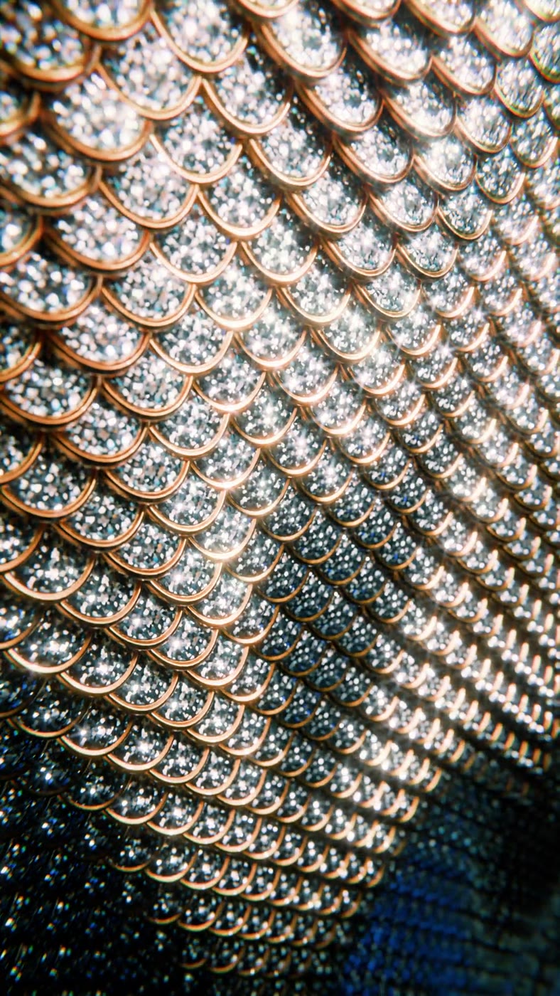 Close view of overlapping gold-rimmed scales filled with sparkling diamond dust, in portrait