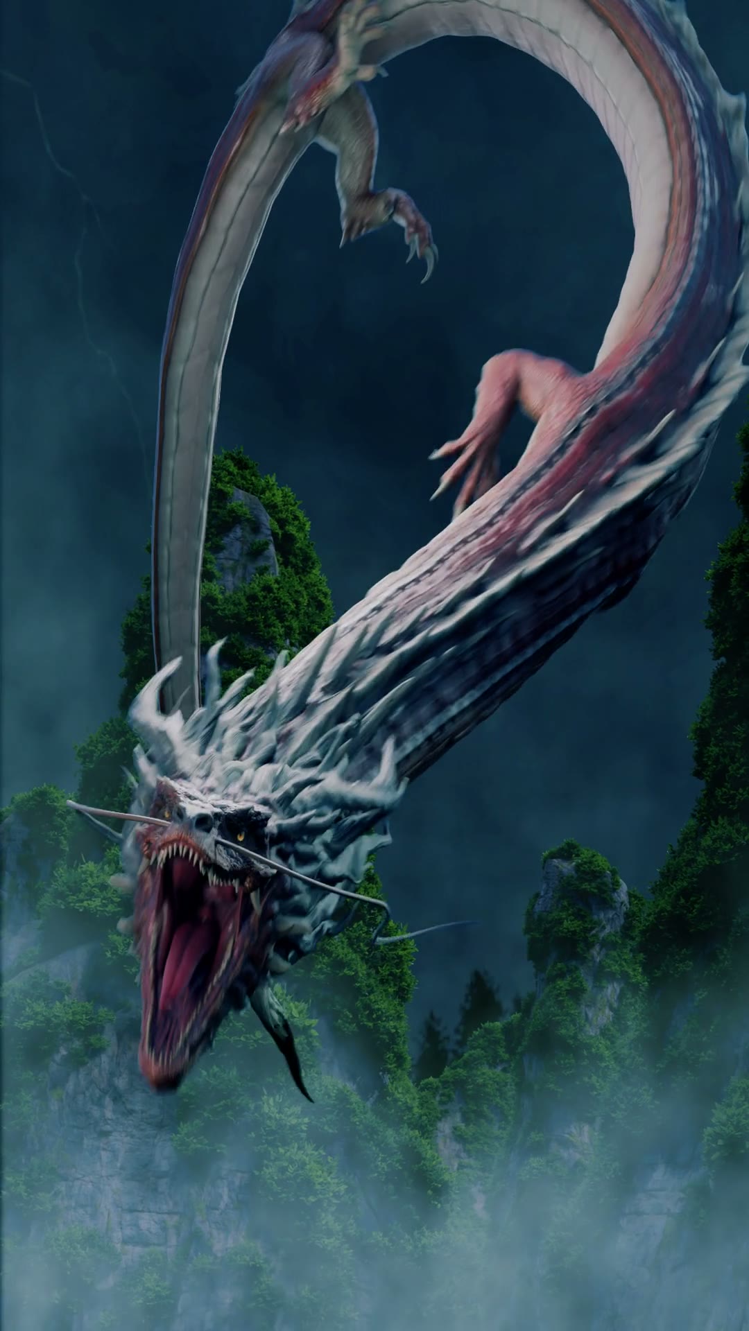 A silver-green dragon rises from a stormy sea below a coiling green dragon, mist and forested cliffs behind, in portrait