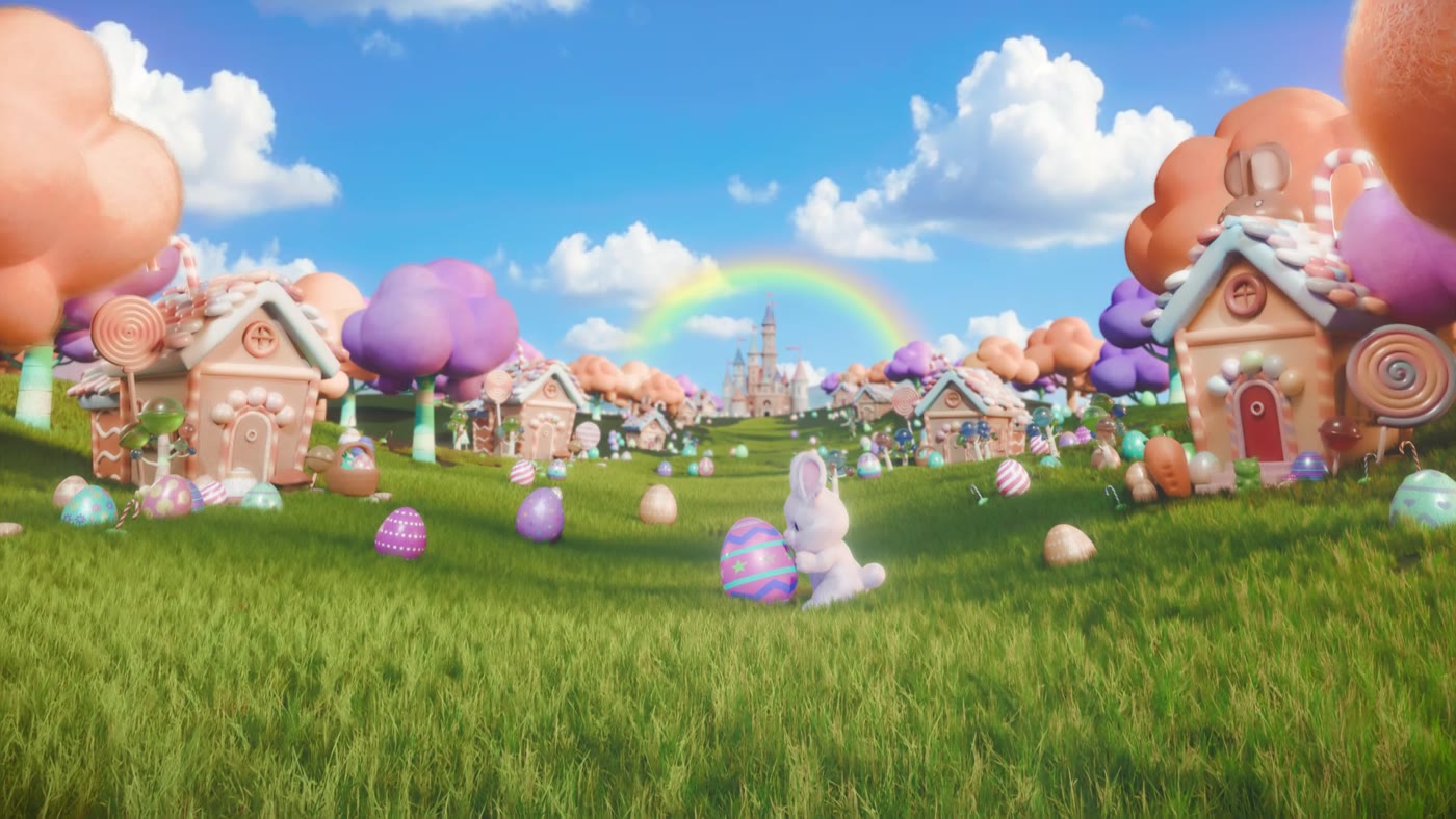 A white bunny beside a painted egg in a candy-coloured valley of gingerbread houses, with a rainbow and a castle in the distance