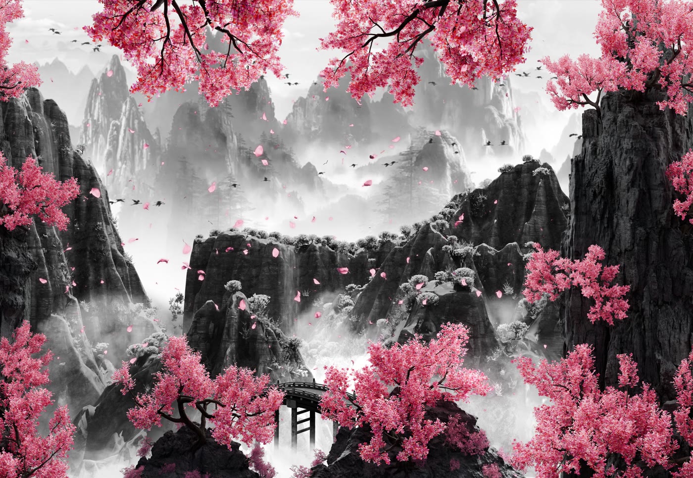 Pink cherry blossom trees over an ink-wash mountain valley, petals drifting across a small footbridge