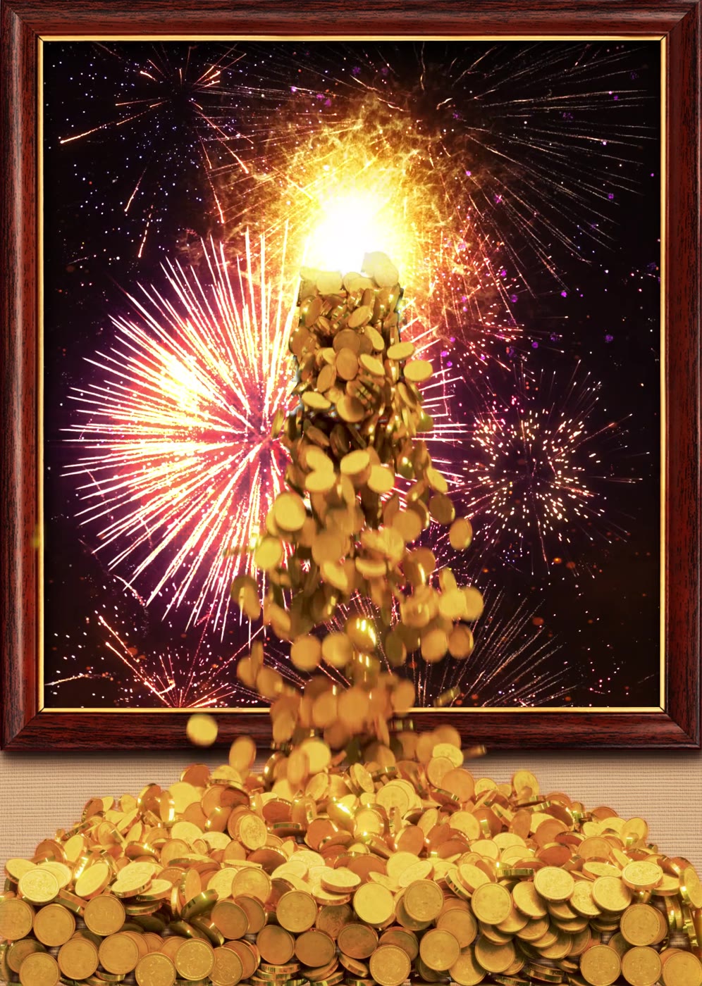 A cascade of gold coins spills out of a framed picture of fireworks and piles up below it, in portrait
