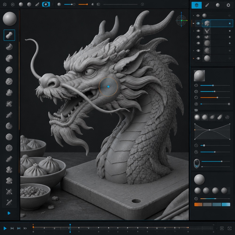 Digital sculpting software with a grey clay dragon head on a modelled chopping board, prep bowls of dumplings at the edge of the viewport