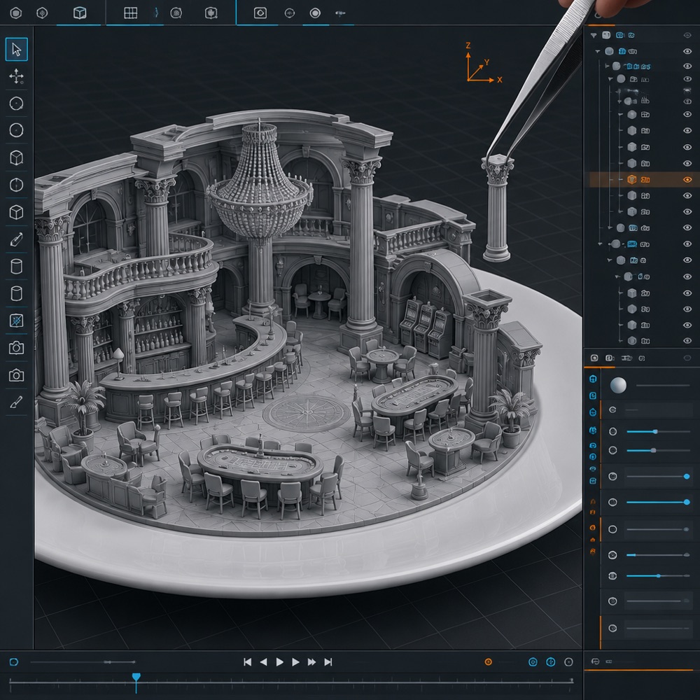 3D modelling software with a grey blockout of a casino interior, bar, tables and chandelier, laid out on a white plate as the ground plane, tweezers placing a column