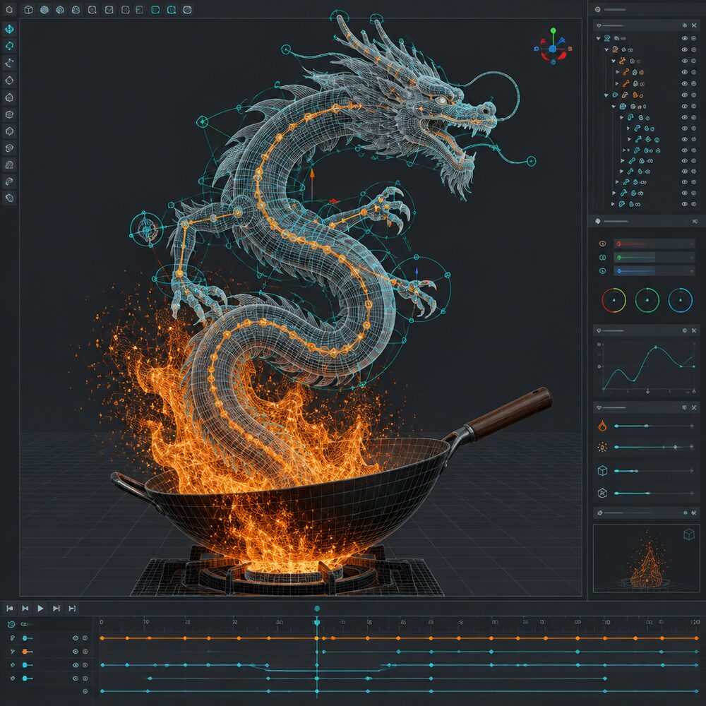Animation viewport showing a wireframe dragon rig rising out of a wok over flame, with timeline and controls