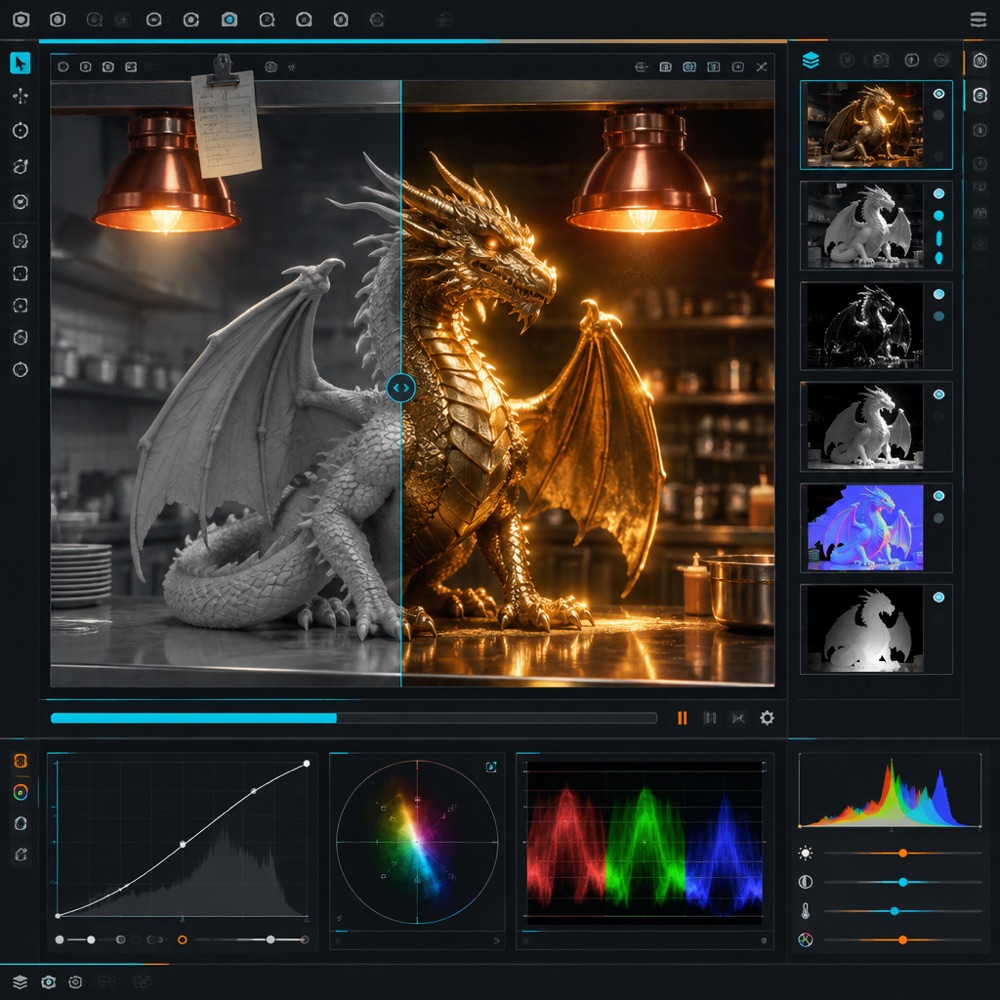 Render and grading software showing a split view: a grey clay dragon on the left, the same dragon rendered in polished gold under copper heat lamps on the right, an order docket clipped above