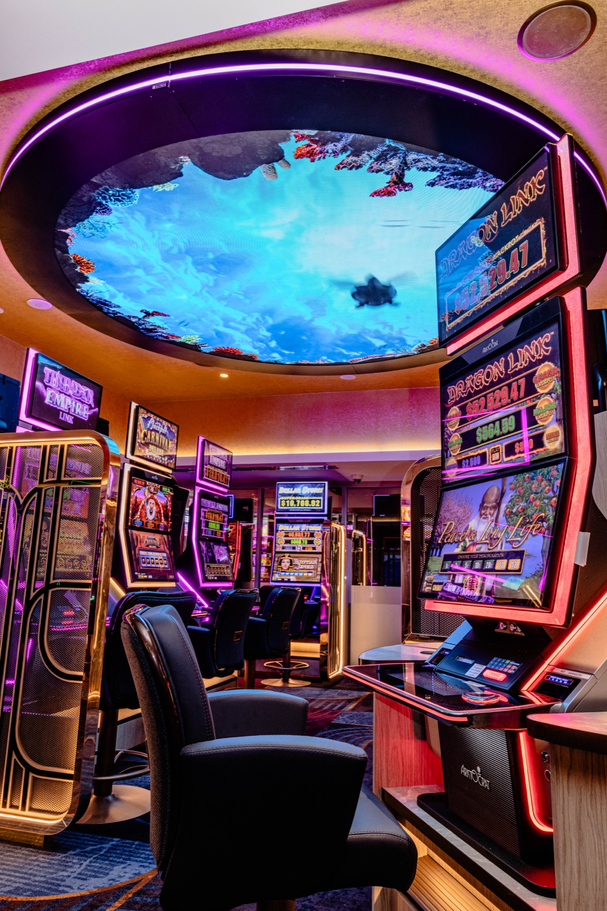 A round LED ceiling display over the gaming pit, showing a turtle swimming over a coral reef, with jackpot signage on the banks below