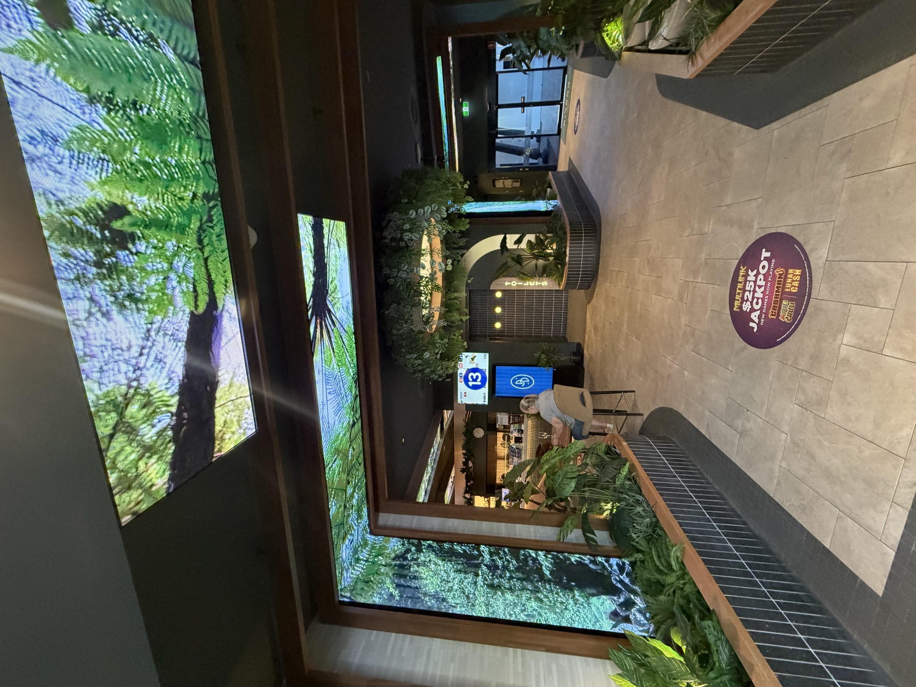 The entrance walk: LED panels overhead and on the wall showing a fern canopy, timber frames, planters and a bar beyond
