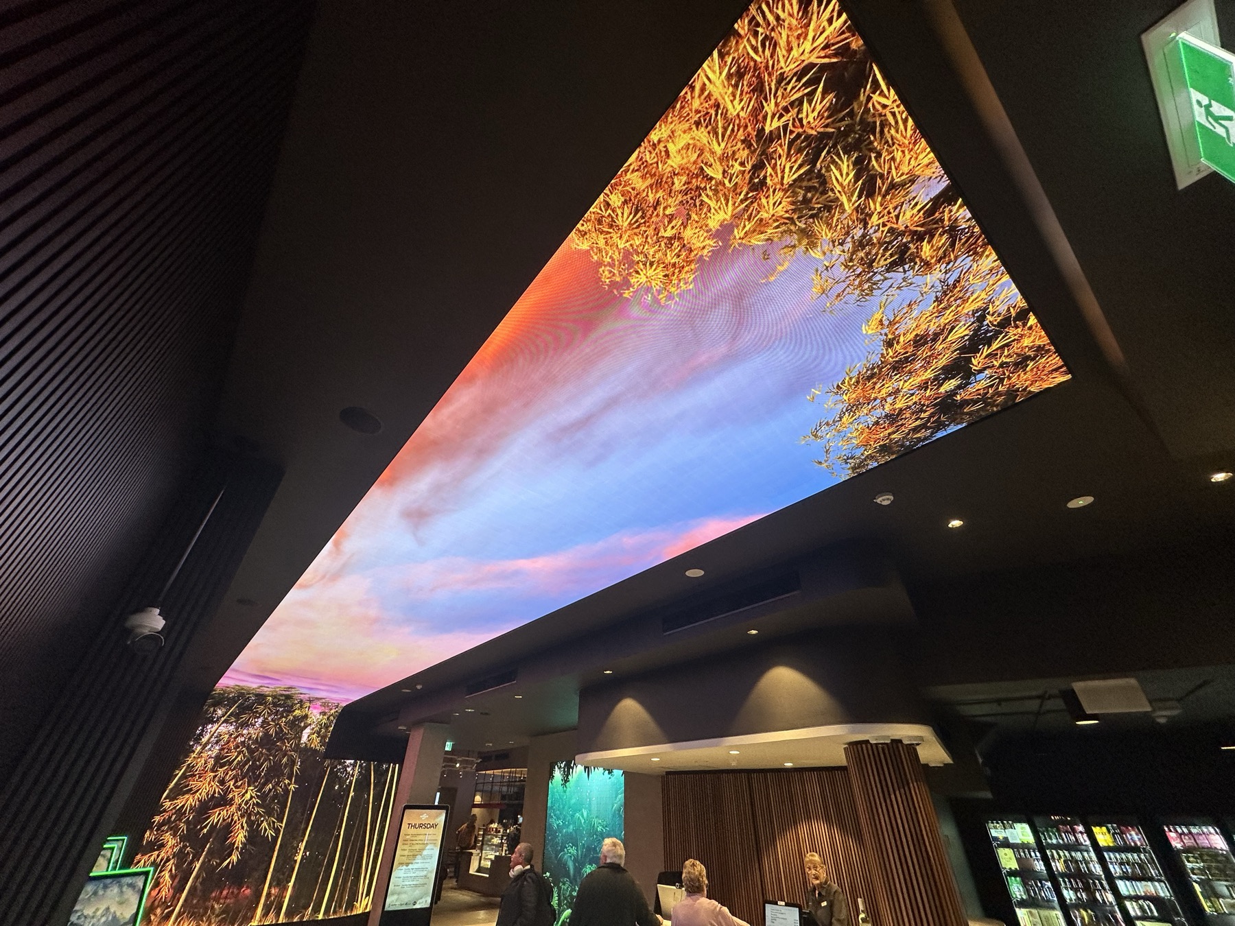 Looking up at a long LED ceiling panel running the length of the lounge: a sunset sky with golden bamboo leaves, the bar and members below